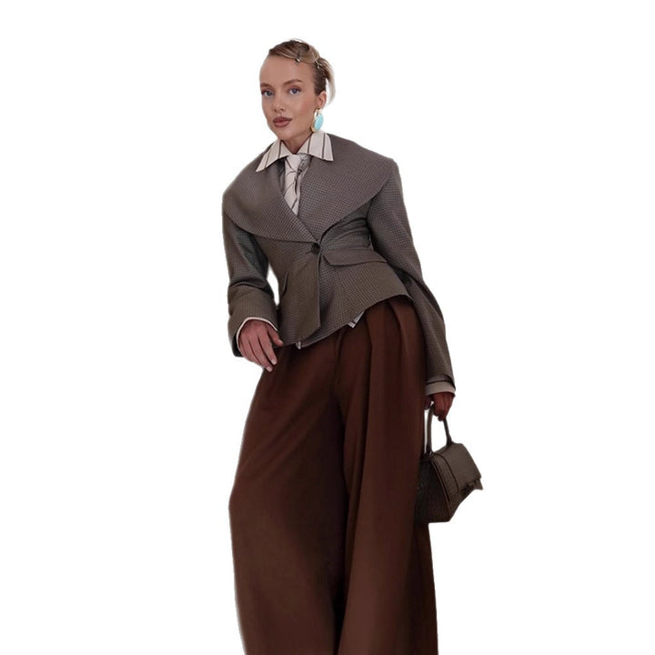 Women Tailored Blazer with Oversized Shawl Collar and Structured Peplum Waist Mune Fashion