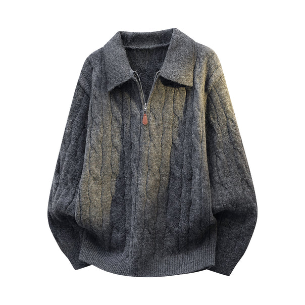 Unisex Oversize Cable Knit Sweater with Half Zip and Shirt Collar Mune Fashion