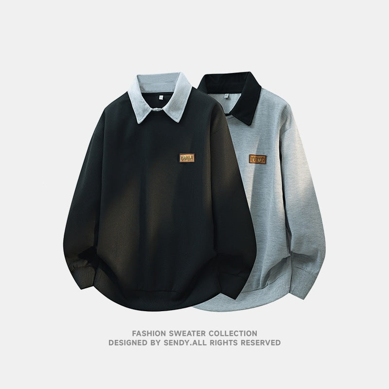 Men's Loose Fit Polo Sweatshirt with Contrast Collar and Waffle Texture Mune Fashion