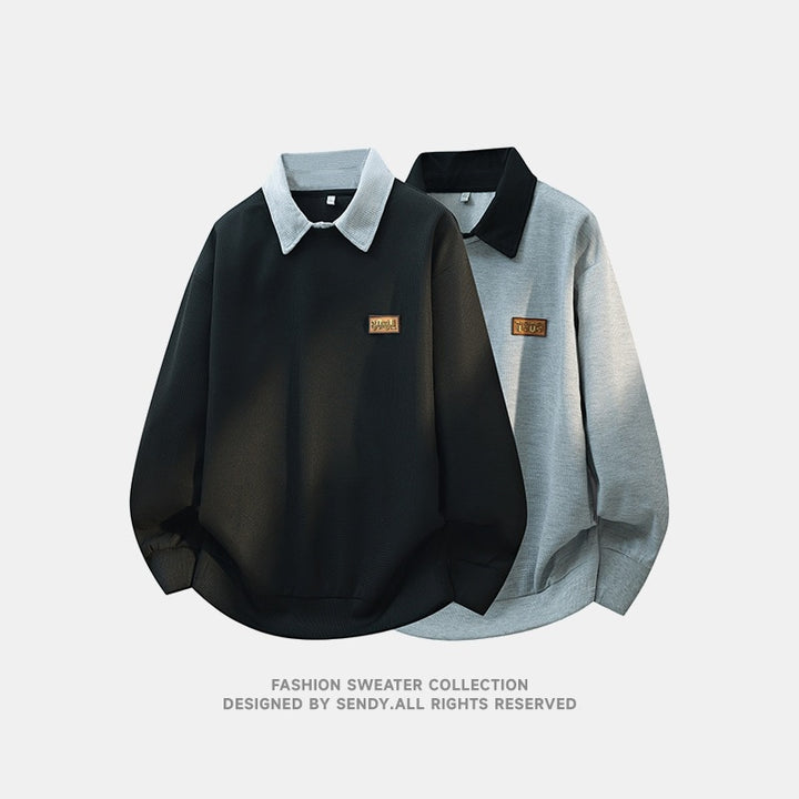 Men's Loose Fit Polo Sweatshirt with Contrast Collar and Waffle Texture Mune Fashion