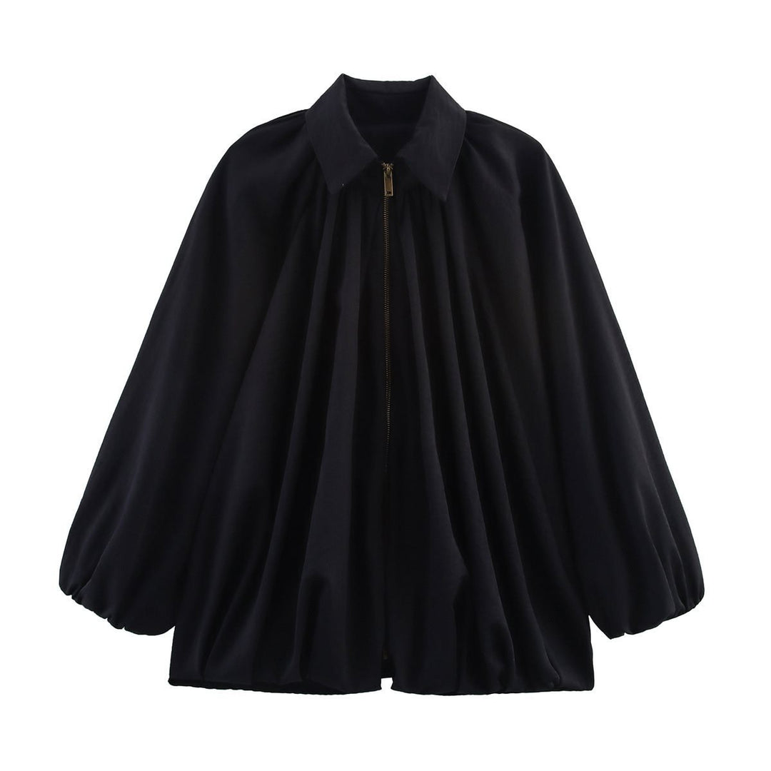 Women's Oversized Shirt Blouse with Zipper, Ruffles and Balloon Sleeves Mune Fashion