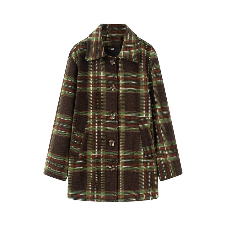 Women's checked wool blend coat with shirt collar, hidden button placket and patch pockets Mune Fashion