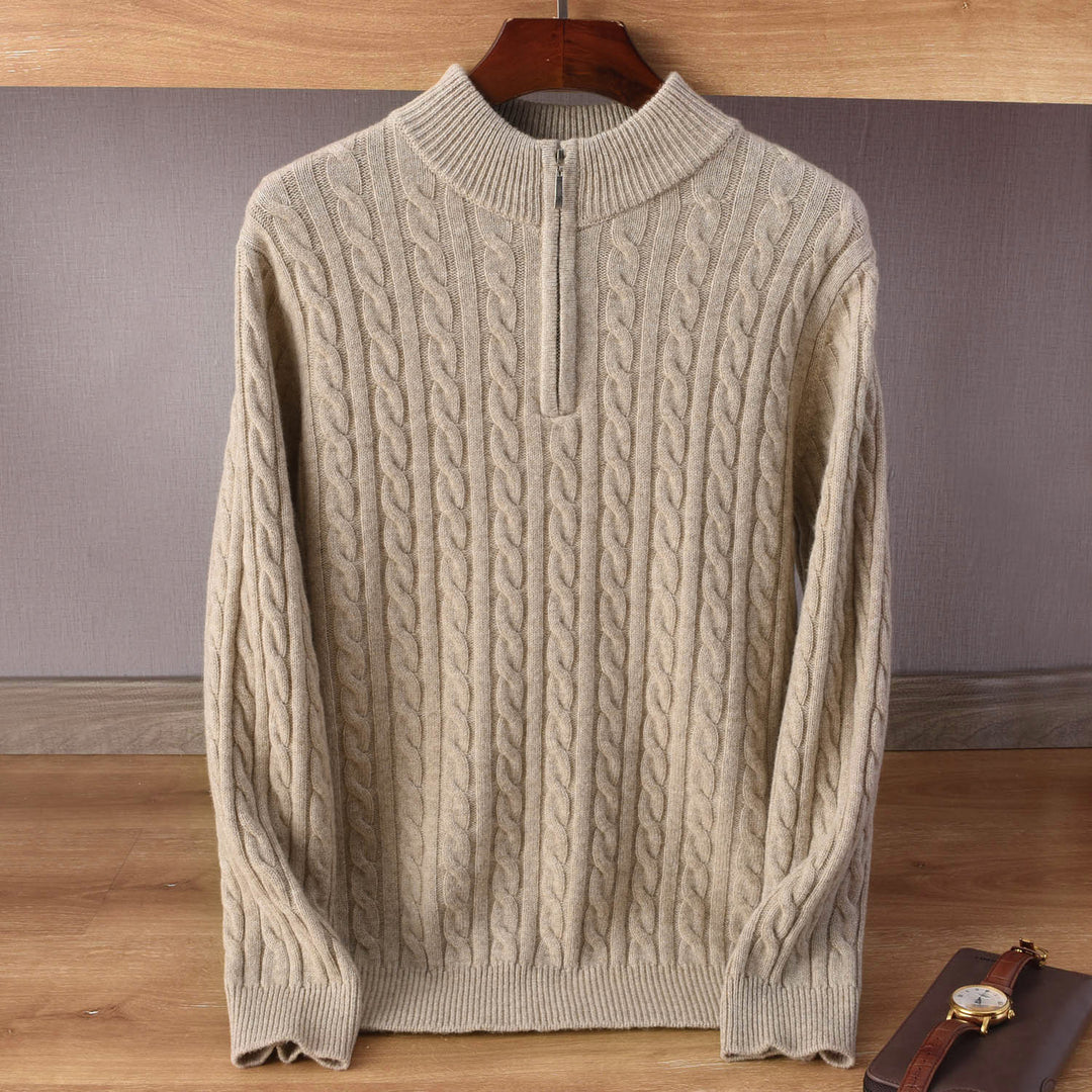 Men's cable knit half-zip pullover made of soft wool blend with stand-up collar Mune Fashion