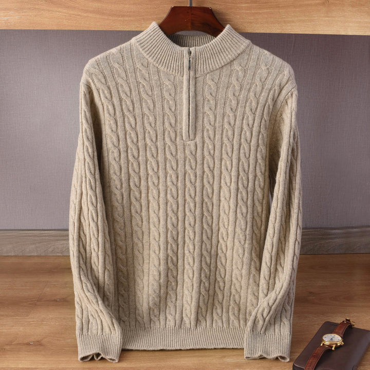 Men's cable knit half-zip pullover made of soft wool blend with stand-up collar Mune Fashion