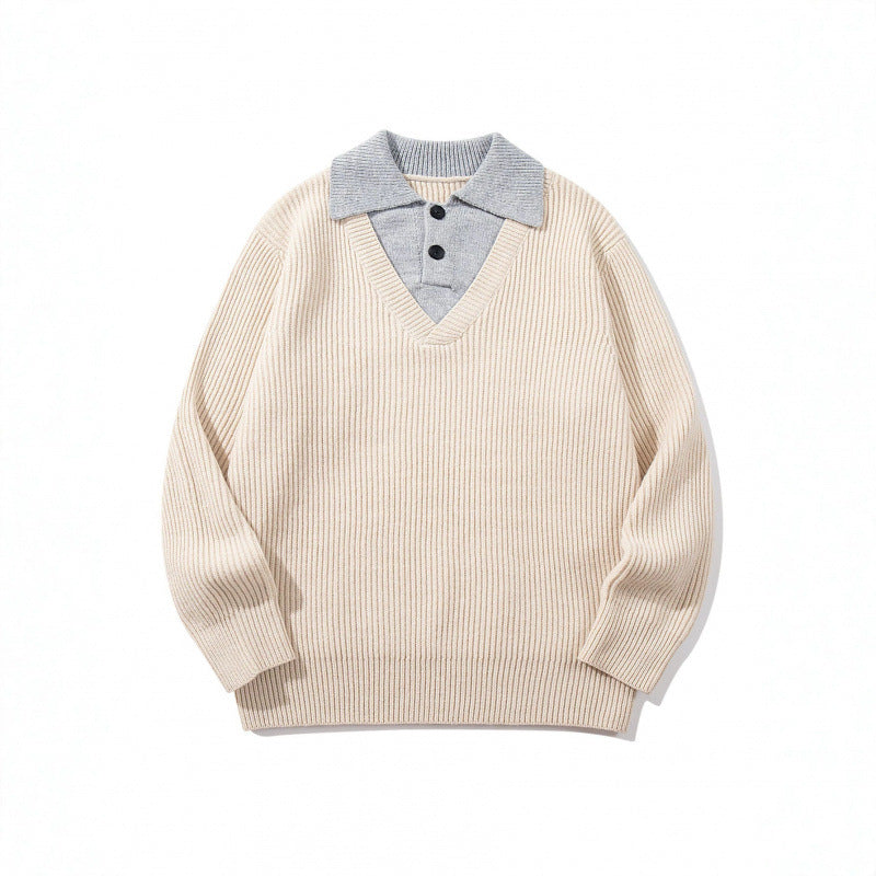 Unisex chunky knit boxy sweater with V-neck and contrasting polo button collar Mune Fashion