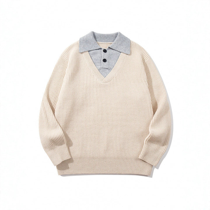 Unisex chunky knit boxy sweater with V-neck and contrasting polo button collar Mune Fashion