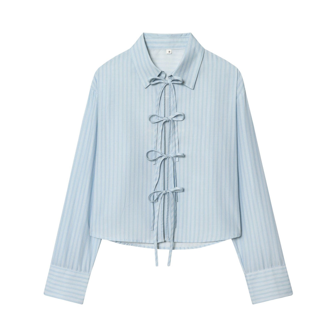 Women's striped blouse with tie front, shirt collar, and wide cuff sleeves Mune Fashion