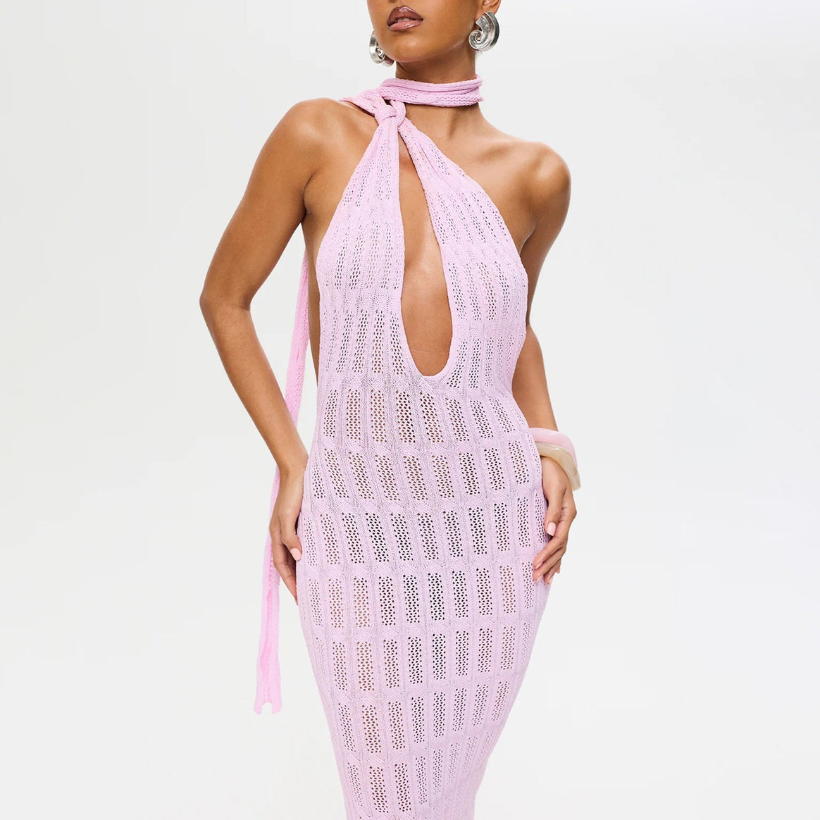 Women trendy net dress with tie belt Mune Fashion