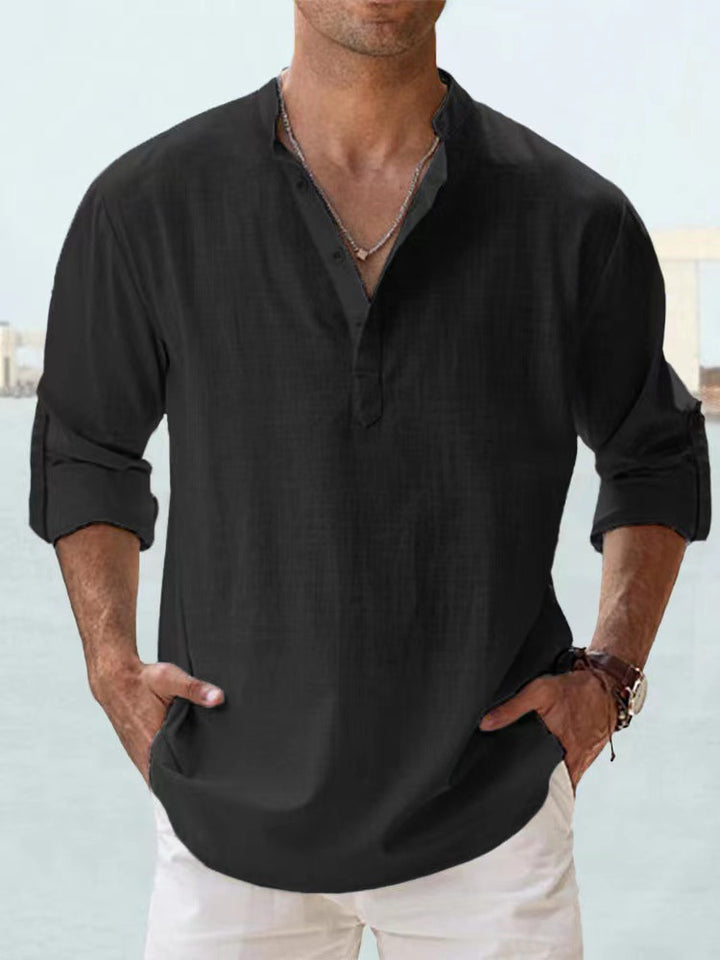 Men's nan casual linen henley shirt with stand-up collar, roll-up sleeves, and rounded hem Mune Fashion