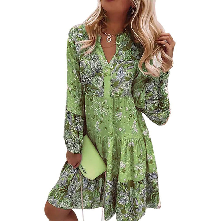 Women's slightly tiered babydoll dress with V-neck and balloon sleeves Mune Fashion