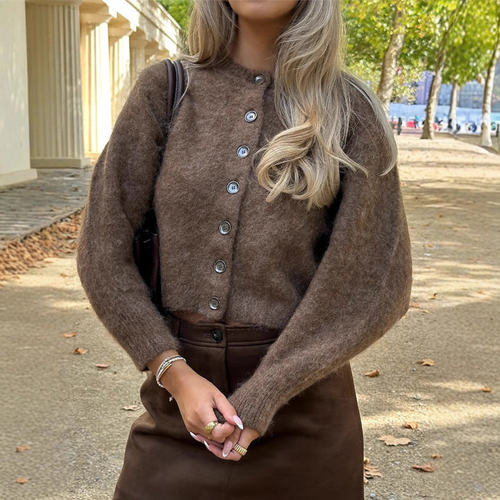 Women Fluffy Cropped Cardigan made of Mohair Mix with Pearl Button Placket Mune Fashion