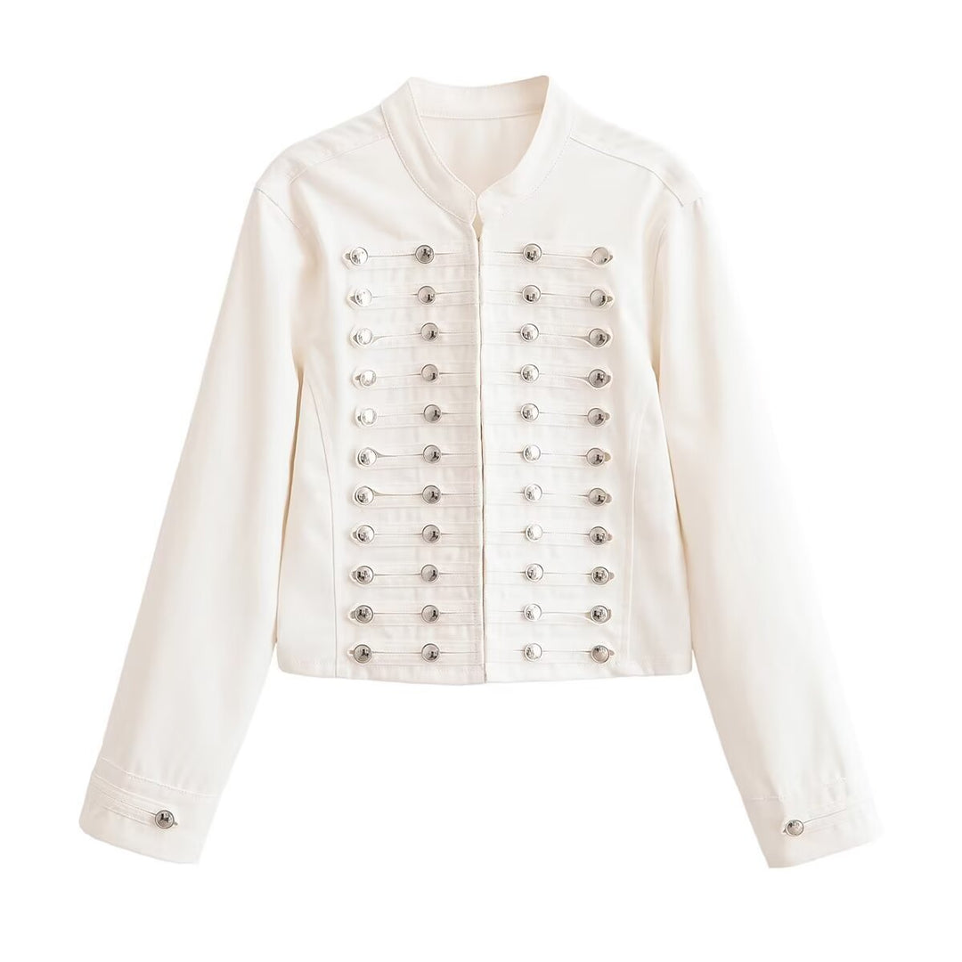 Ladies Cropped Military Jacket with Stand-up Collar and Decorative Button Placket Mune Fashion