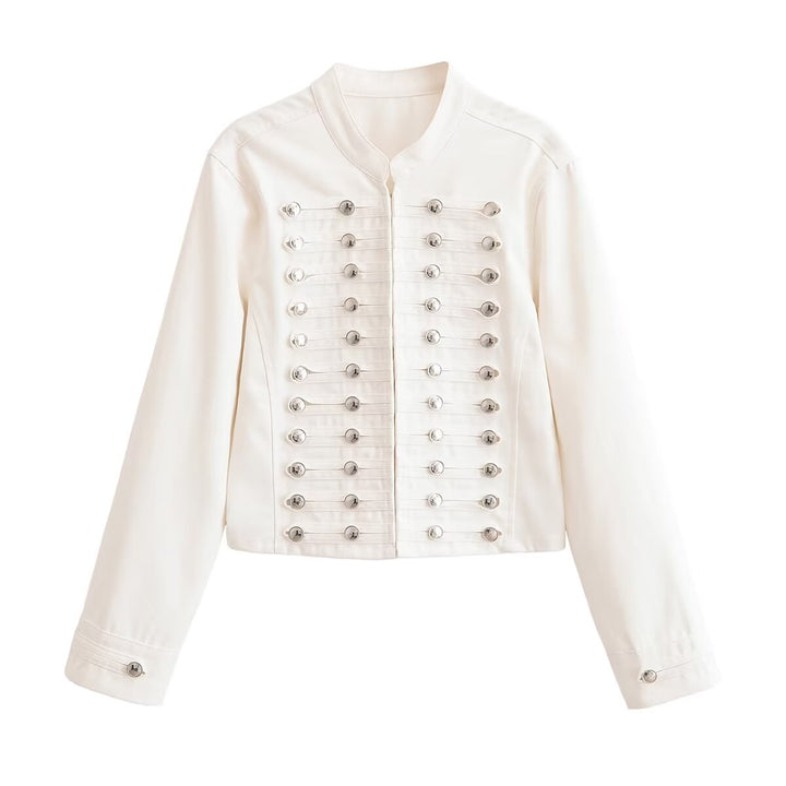 Ladies Cropped Military Jacket with Stand-up Collar and Decorative Button Placket Mune Fashion