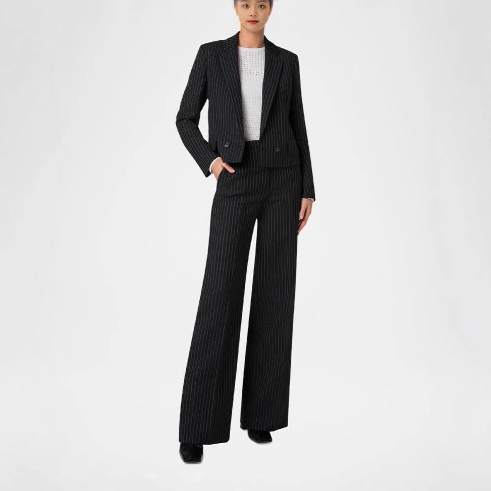 Women's Two-Piece Pinstripe Suit with Tailored Short Blazer and Wide Palazzo Pants Mune Fashion