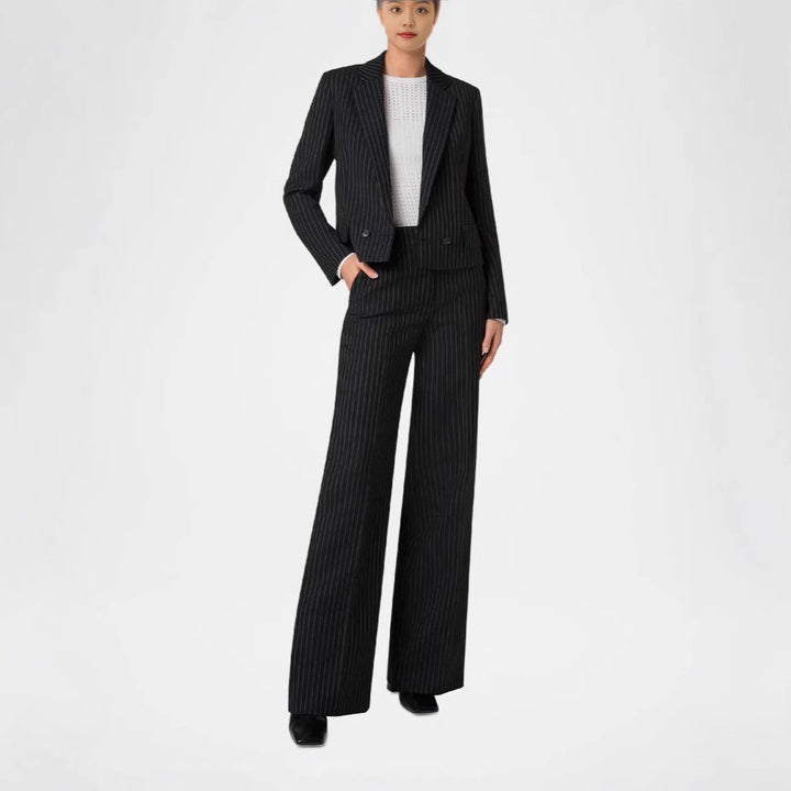Women's Two-Piece Pinstripe Suit with Tailored Short Blazer and Wide Palazzo Pants Mune Fashion