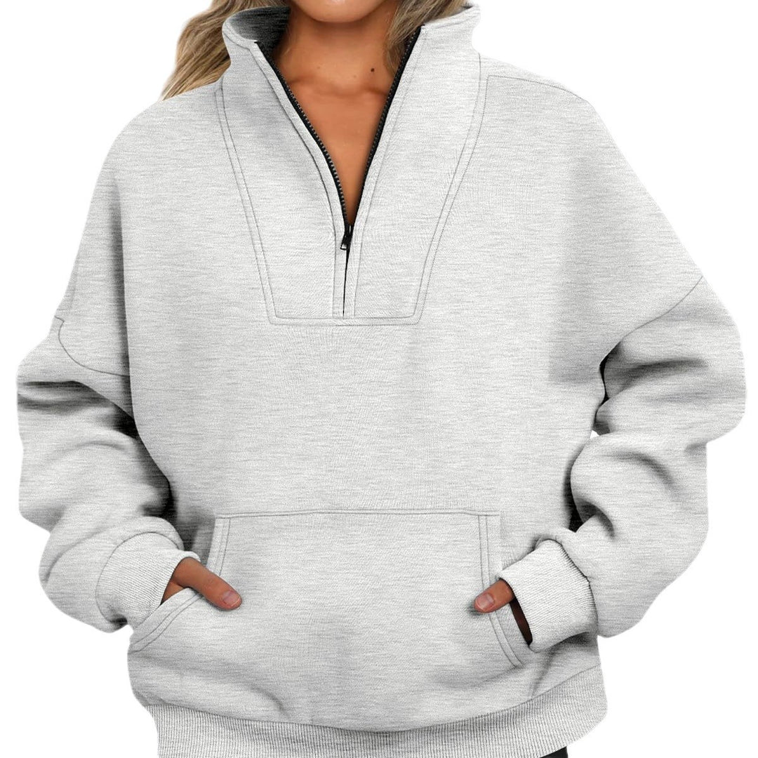 Women's oversized half-zip hoodie with high stand collar, kangaroo pocket, and ribbed cuffs Mune Fashion