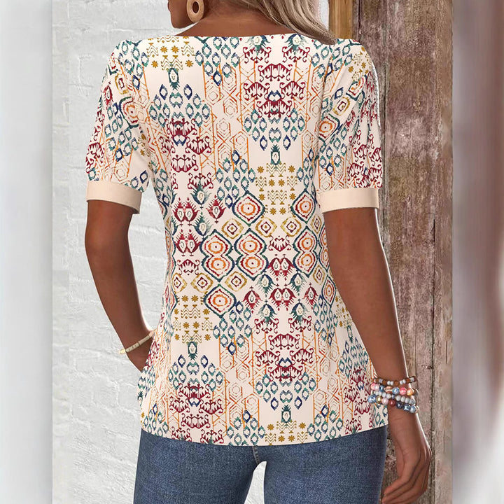 Women's Boho Print Short Sleeve Shirt with Square Neckline, Contrast Trim and Rounded Hem Mune Fashion