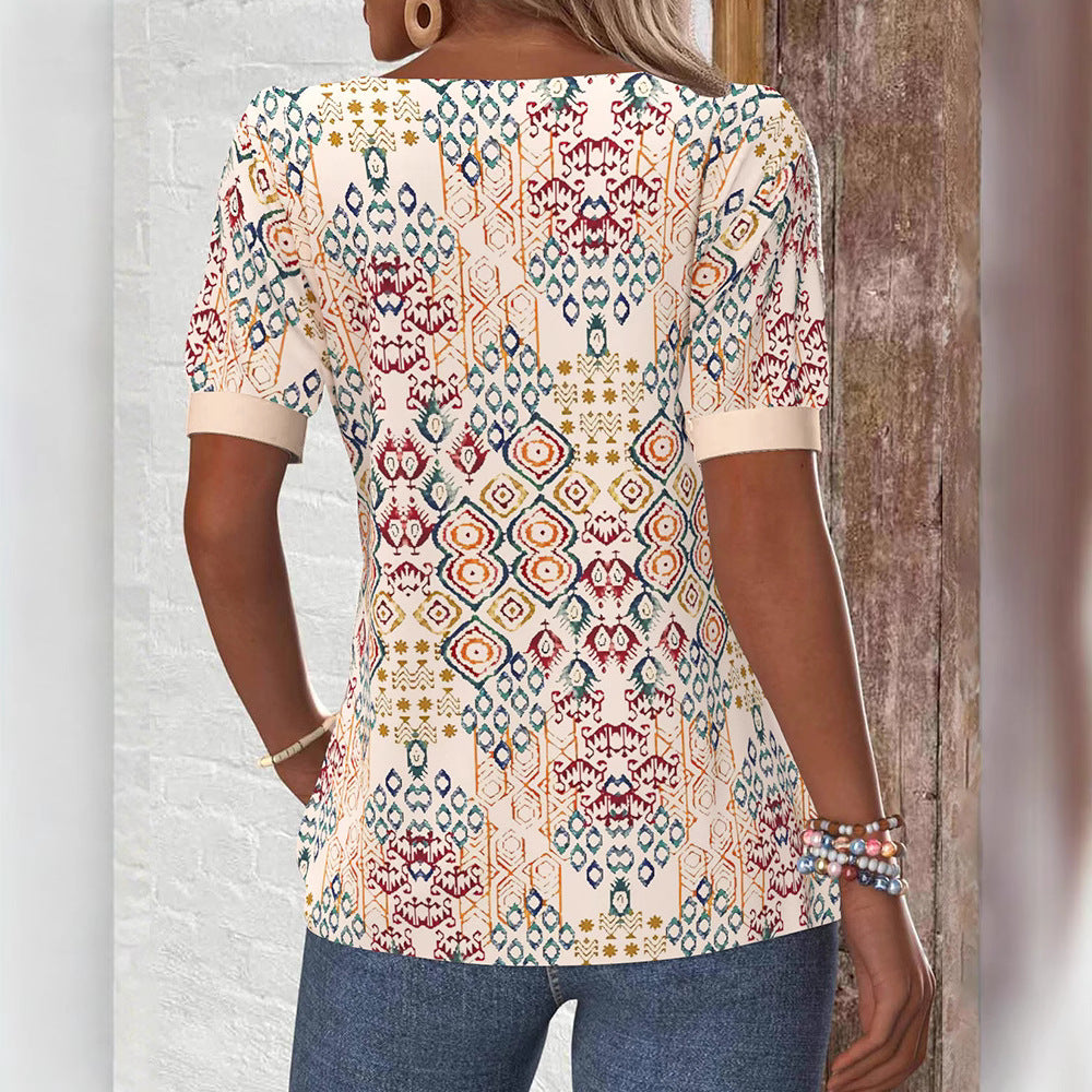 Women nan lightweight Boho blouse shirt with square neckline, decorative button placket and curved hem Mune Fashion