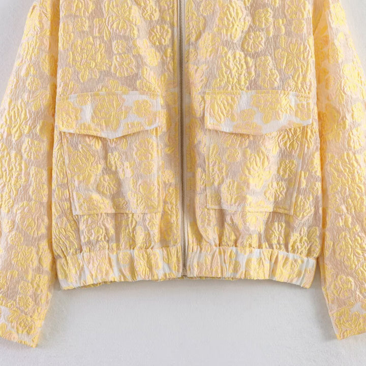 Women's Short Jacquard Blouson Jacket with Floral Relief, Zipper and Flap Pockets Mune Fashion
