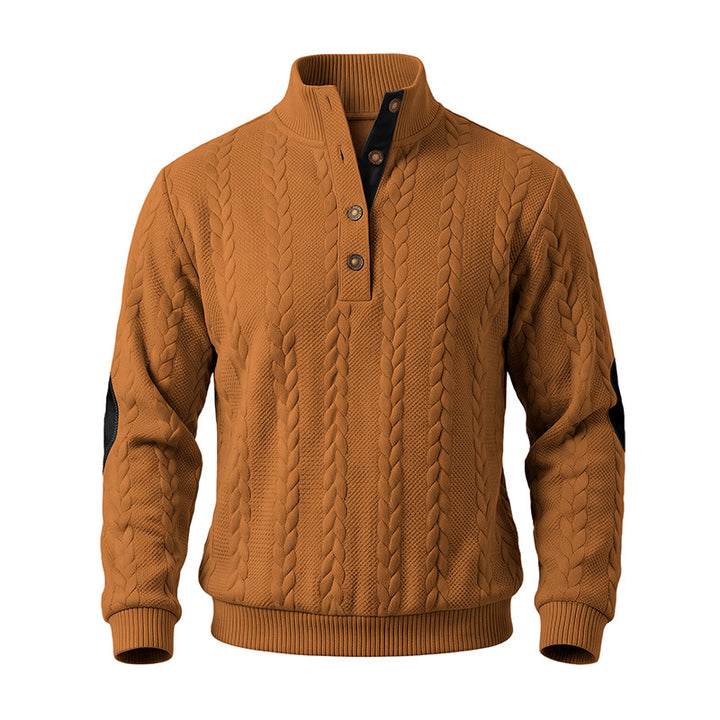 Men's troyer pullover with cable pattern, elbow patches and contrasted button placket Mune Fashion