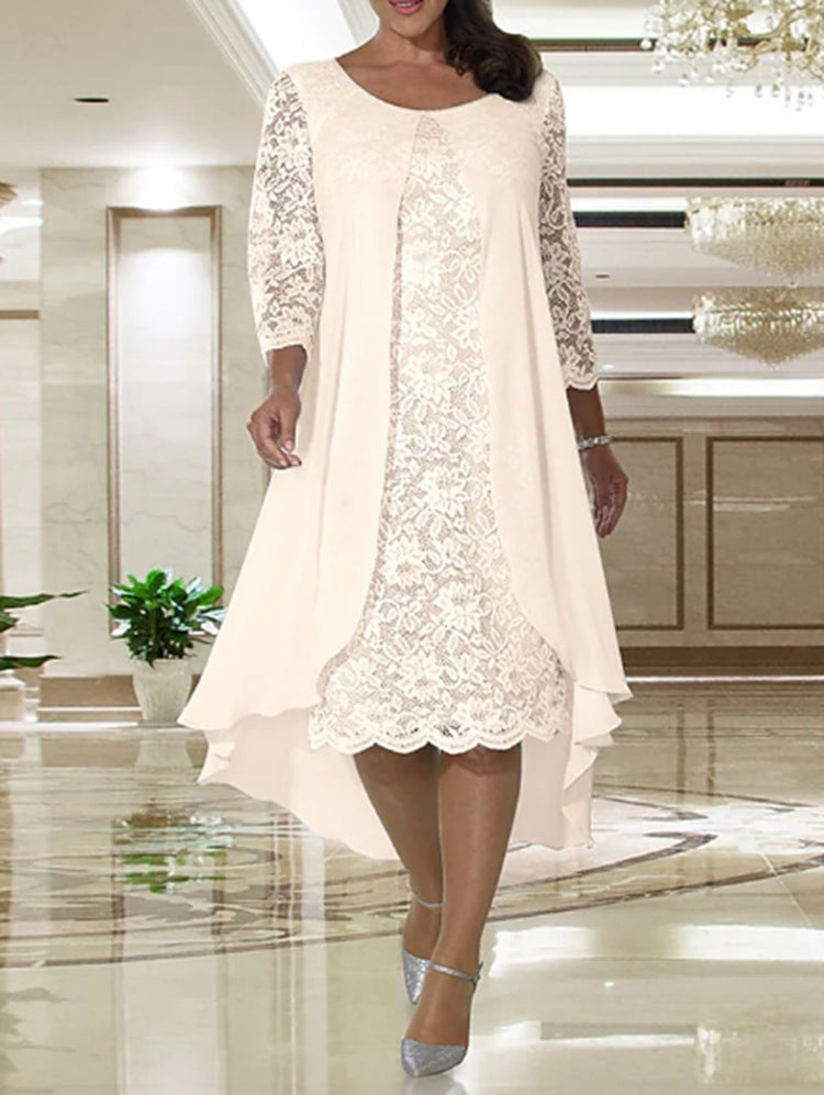 Ladies' elegant chiffon lace dress with high-low overlay and three-quarter sleeves Mune Fashion