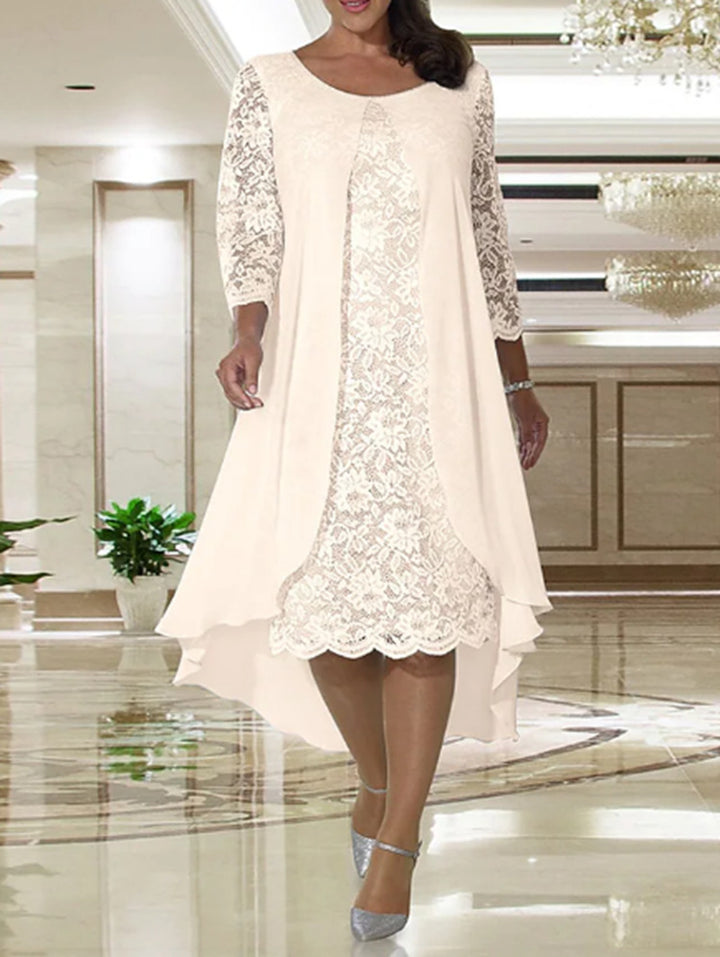 Ladies' elegant chiffon lace dress with high-low overlay and three-quarter sleeves Mune Fashion