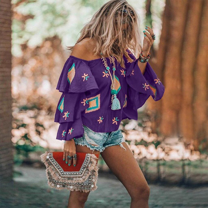 Women's Boho top with off-the-shoulder neckline, layered flounce sleeves, and elaborate embroidery Mune Fashion