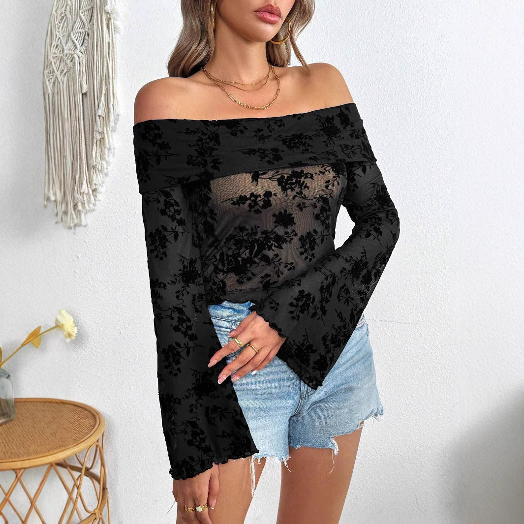 Women's Off-Shoulder Mesh Top with Floral Velvet Flock Application, Cropped Belly-Baring Cut and Trumpet Sleeves Mune Fashion