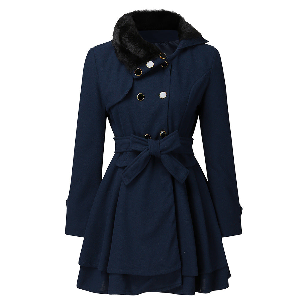 Women A-line wool blend coat with waist belt double-breasted and faux fur collar Mune Fashion