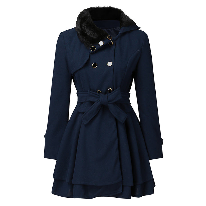 Women A-line wool blend coat with waist belt double-breasted and faux fur collar Mune Fashion
