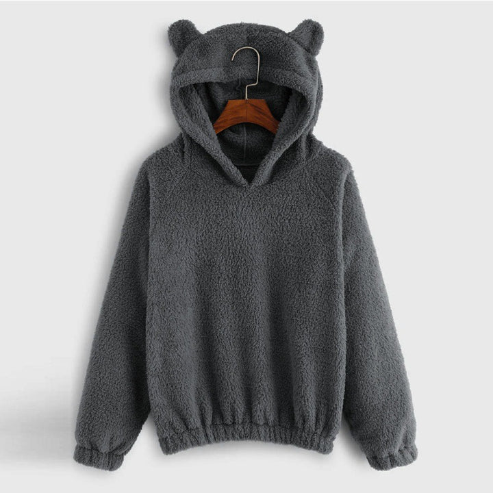 Women's Cozy Teddy Hooded Sweater with Bear Ears and Drawstring Hem Mune Fashion