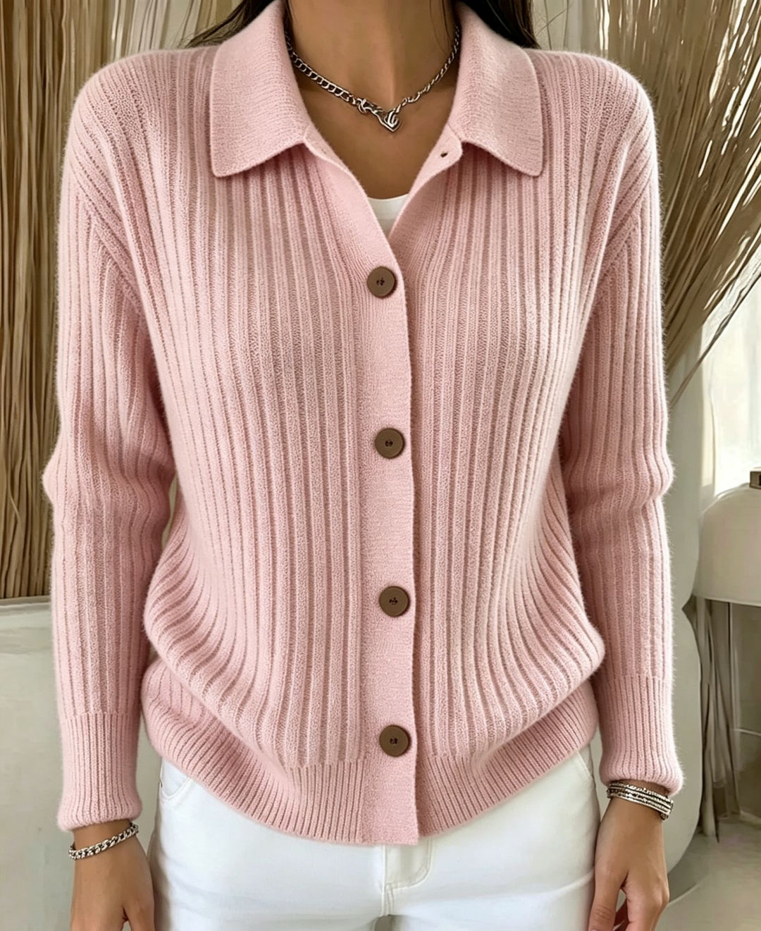 Women's Fine Ribbed Button Cardigan with Shirt Collar and Boxy Silhouette Mune Fashion