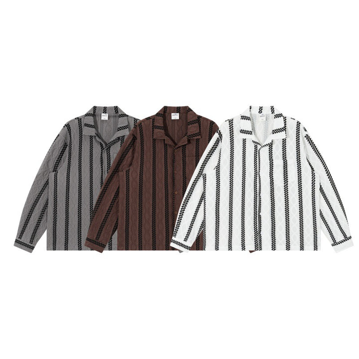 Unisex Lightweight Shirt Jacket with Camp Collar, Relaxed Fit and Vertical Braid Stripe Pattern Mune Fashion