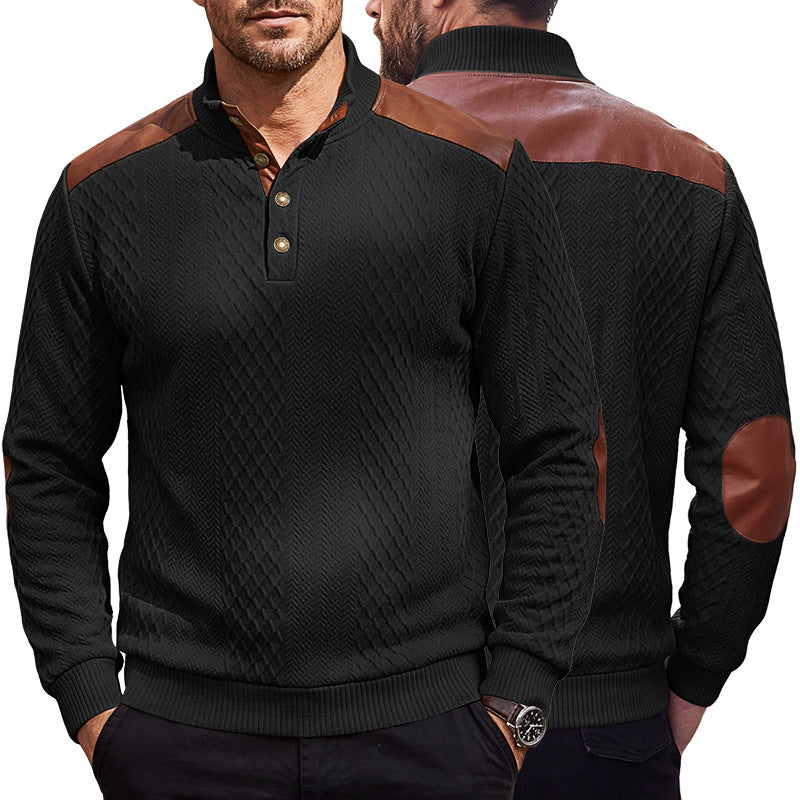 Men's pullover with stand-up collar, cable pattern and contrasting leather applications Mune Fashion