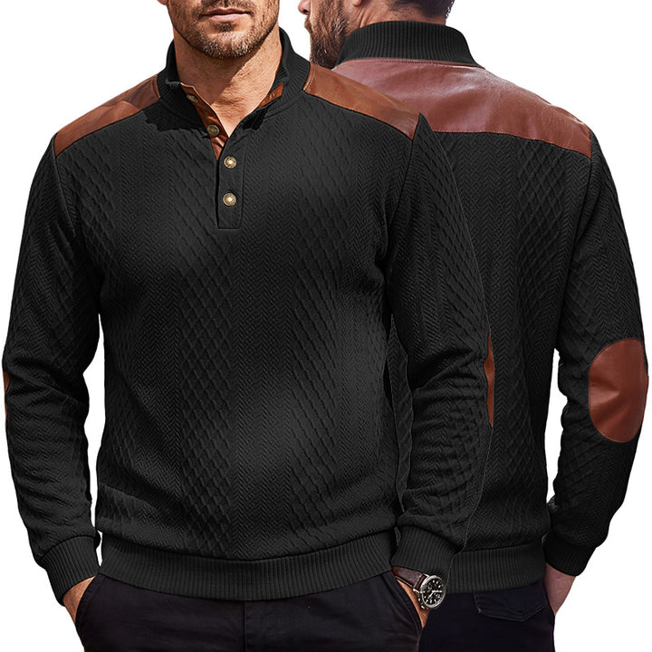 Men's pullover with stand-up collar, cable pattern and contrasting leather applications Mune Fashion