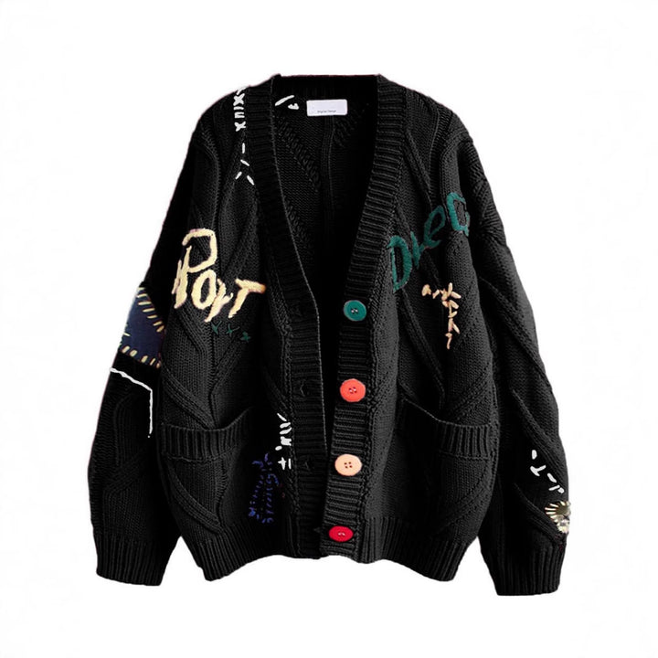 Women's Stylish Knitted Cardigan with Colorful Buttons and Elaborate Design