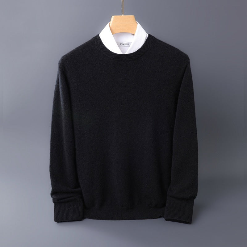 Men's Fine Round Neck Knit Sweater in Cashmere Look with Ribbed Cuffs Mune Fashion