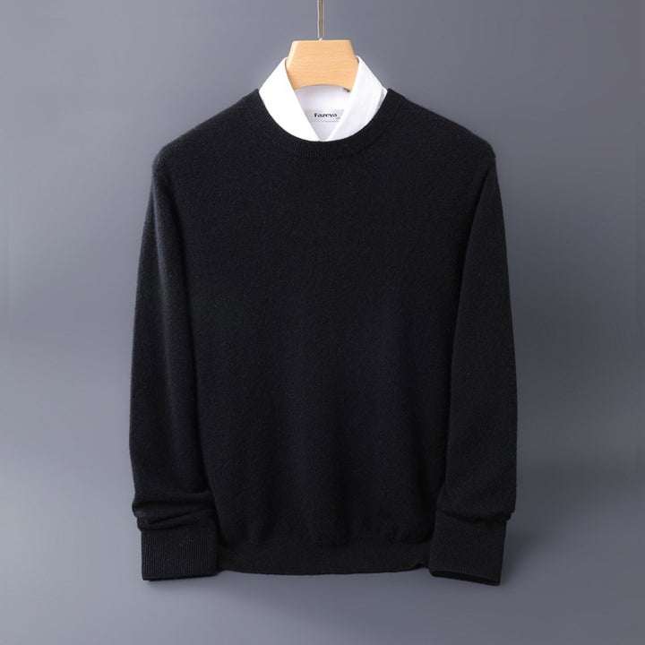 Men's Fine Round Neck Knit Sweater in Cashmere Look with Ribbed Cuffs Mune Fashion