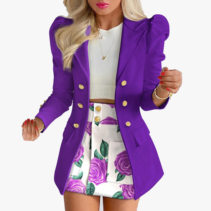 Ladies nan tailored two-piece business suit with double-breasted blazer and figure-hugging mini skirt Mune Fashion