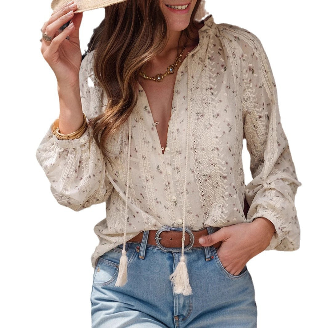 Women's Boho Lace Blouse with Embroidery, V-Neck, Tassels & Balloon Sleeves Mune Fashion