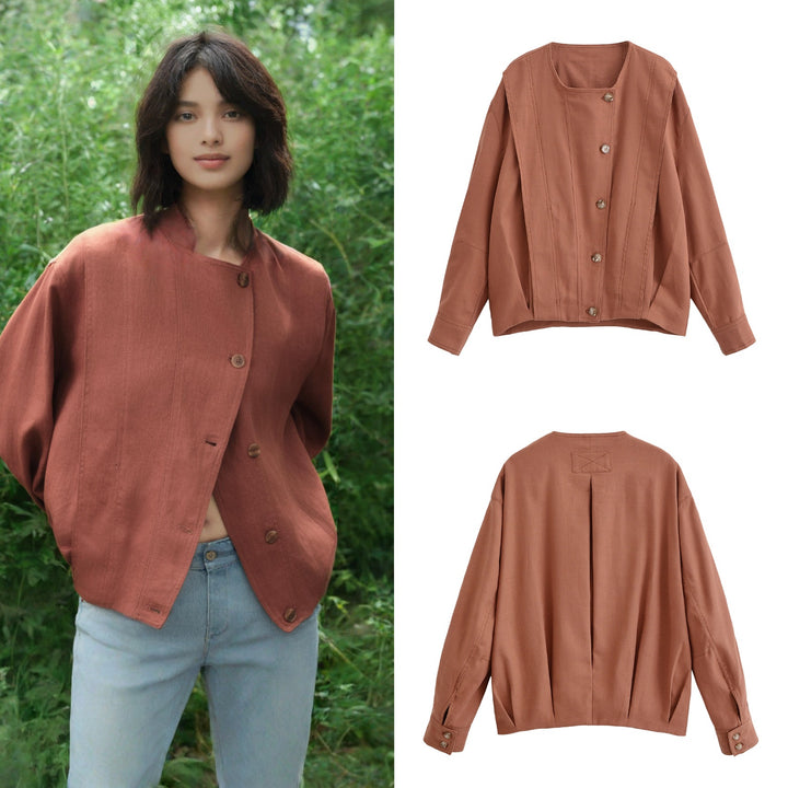 Women's Boxy Transitional Jacket with Round Neck, Decorative Stitching and Visible Button Placket Mune Fashion