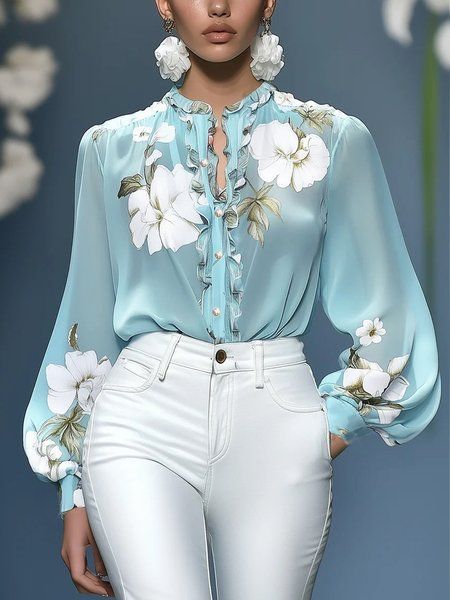 Women's silk blouse with ruffle trim and floral appliqué Mune Fashion