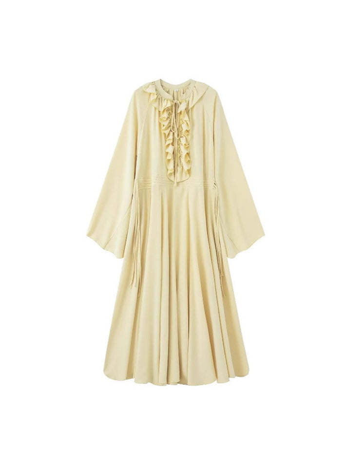 Women's maxi dress with ruffles, tie collars and wide bell sleeves Mune Fashion