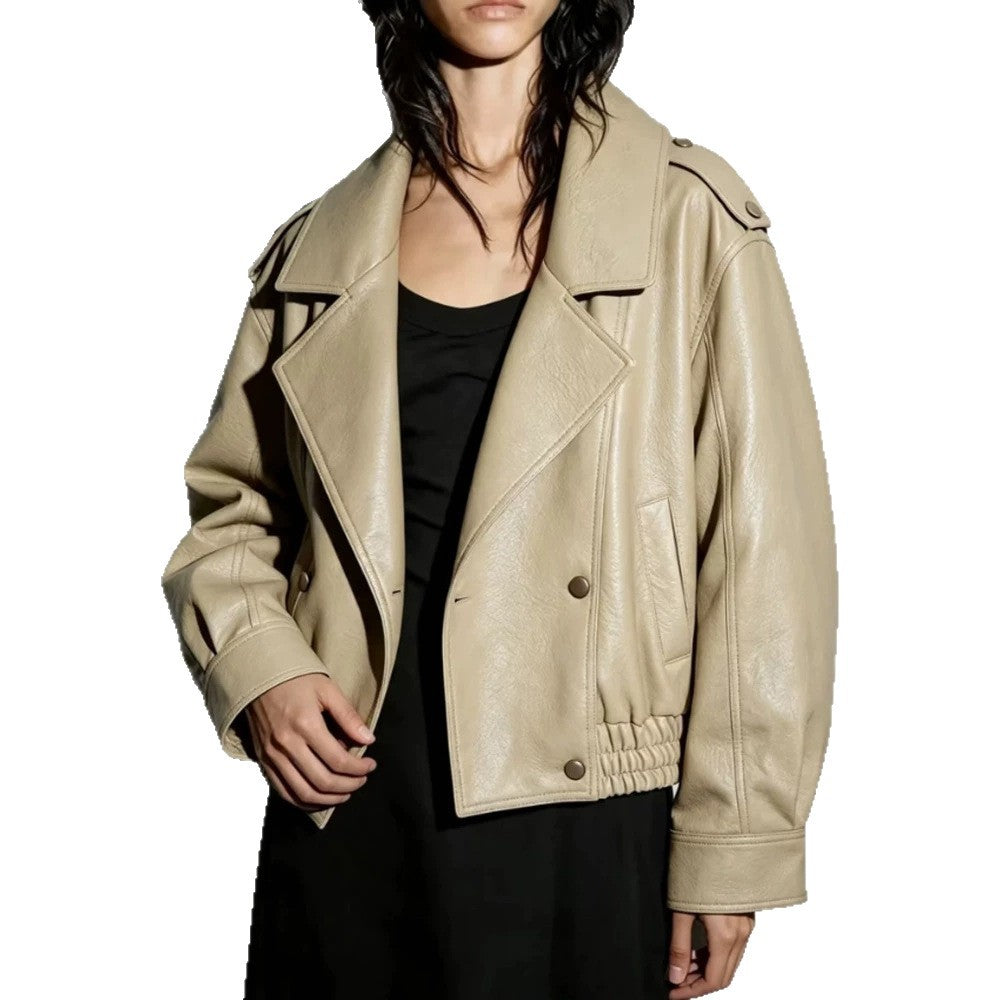 Women's Oversize Faux Leather Blouson with Double-Breasted Button Placket, Wide Lapels, and Elastic Hem Mune Fashion