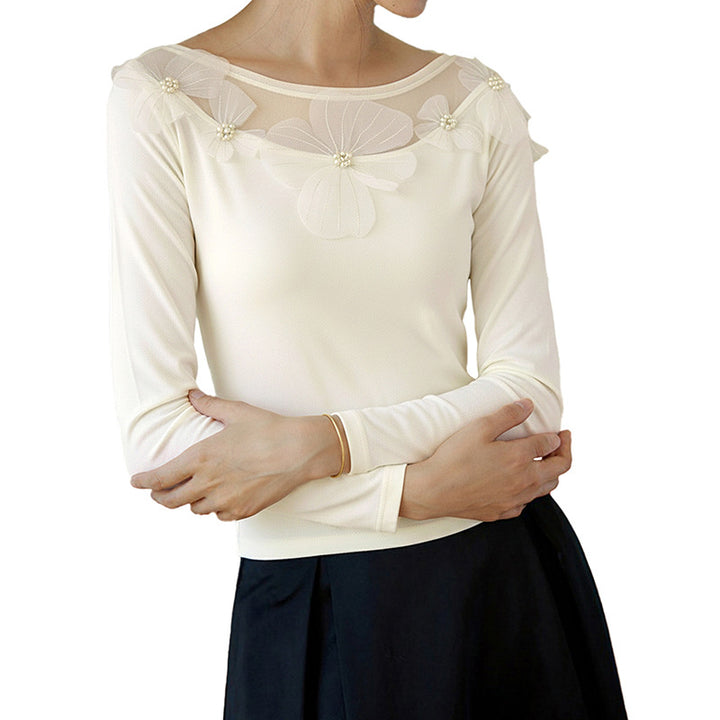 Women's Elegant Long Sleeve Top with Flower Embellishments Mune Fashion