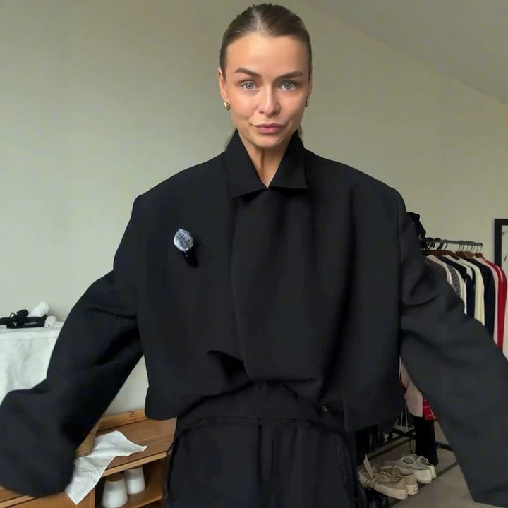 Women Asymmetric Cropped Boxy Jacket with High Stand Collar and Structured Shoulder Area Mune Fashion