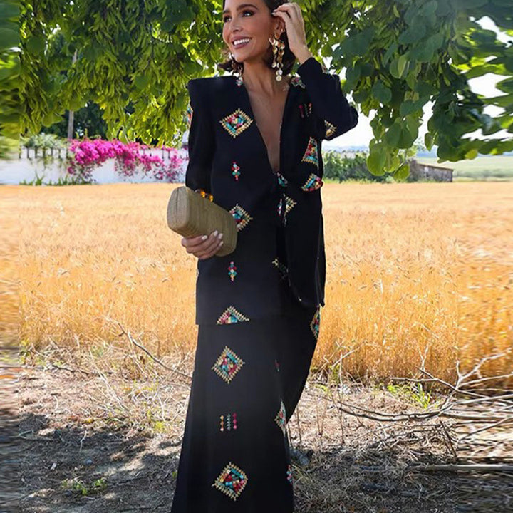 Women's Two-Piece Jacquard Suit with Waist Bow and Wide Leg Mune Fashion
