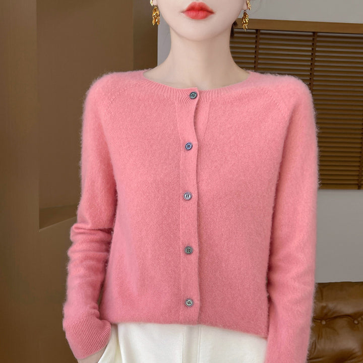 Ladies Cozy Short Cardigan made of Mohair Mix with fine virgin wool texture and mother-of-pearl button placket Mune Fashion