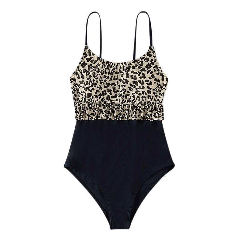 Women One-Piece Swimsuit with Stylish Ruffle Design and Fashionable Leopard Print Mune Fashion