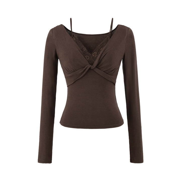 Women’s Figure-Hugging Long Sleeve Top with Twist Detail, Lace Insert and V-Neck